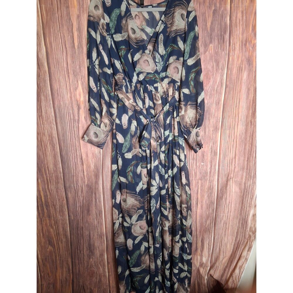 Fashion nova feather print sheer chiffon long sleeve maxi boho dress size large